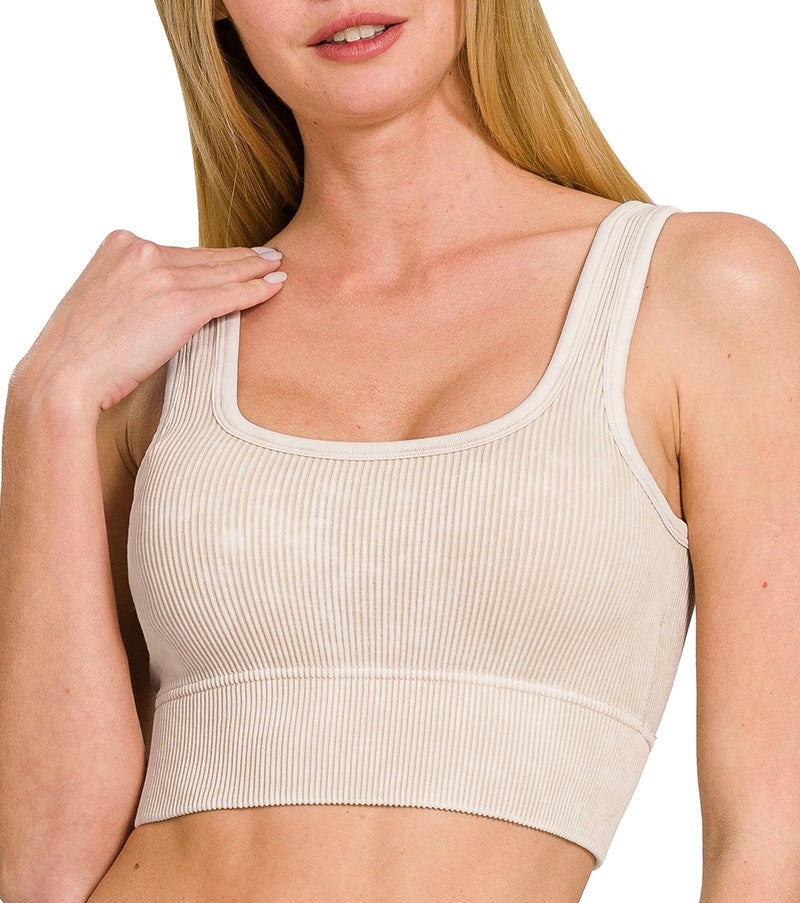 Square Neck Acid Washed Seamless
Rib Bralette w/ Removable Pads