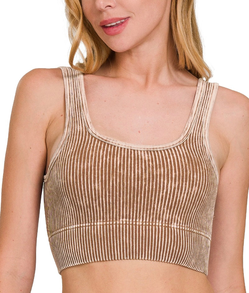 Square Neck Acid Washed Seamless
Rib Bralette w/ Removable Pads