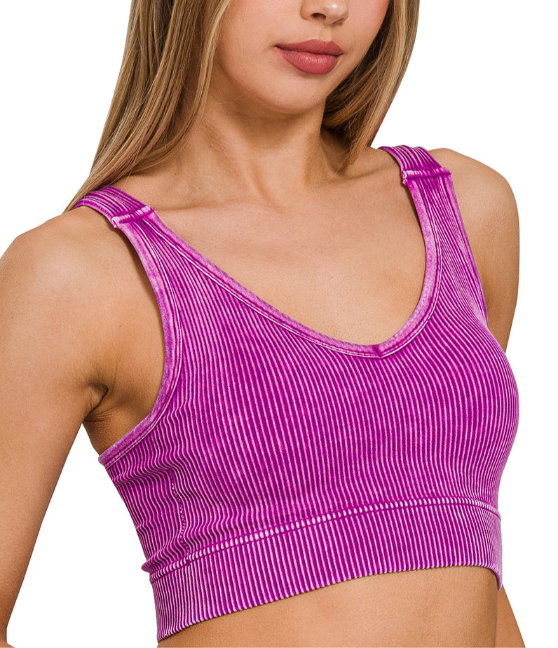 Stone Washed V-Neck Ribbed Seamless Padded Tank Top