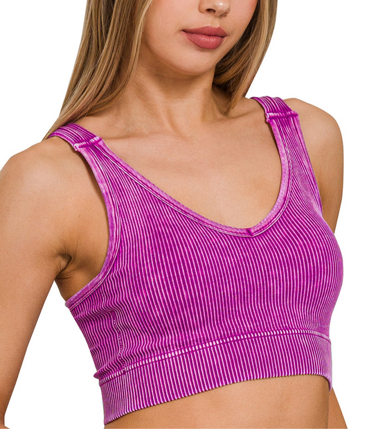 Stone Washed V-Neck Ribbed Seamless Padded Tank Top