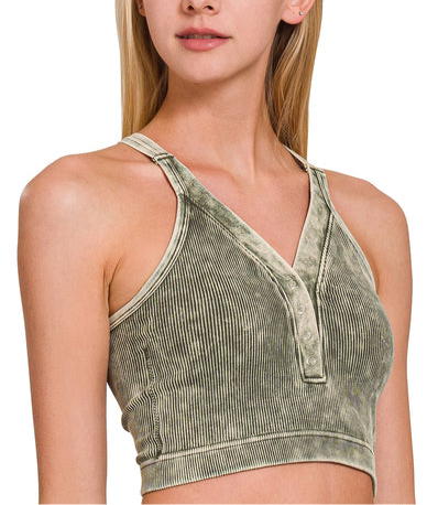 Acid Washed Ribbed Seamless Button V-Neck Tank Top & Keyhole Back