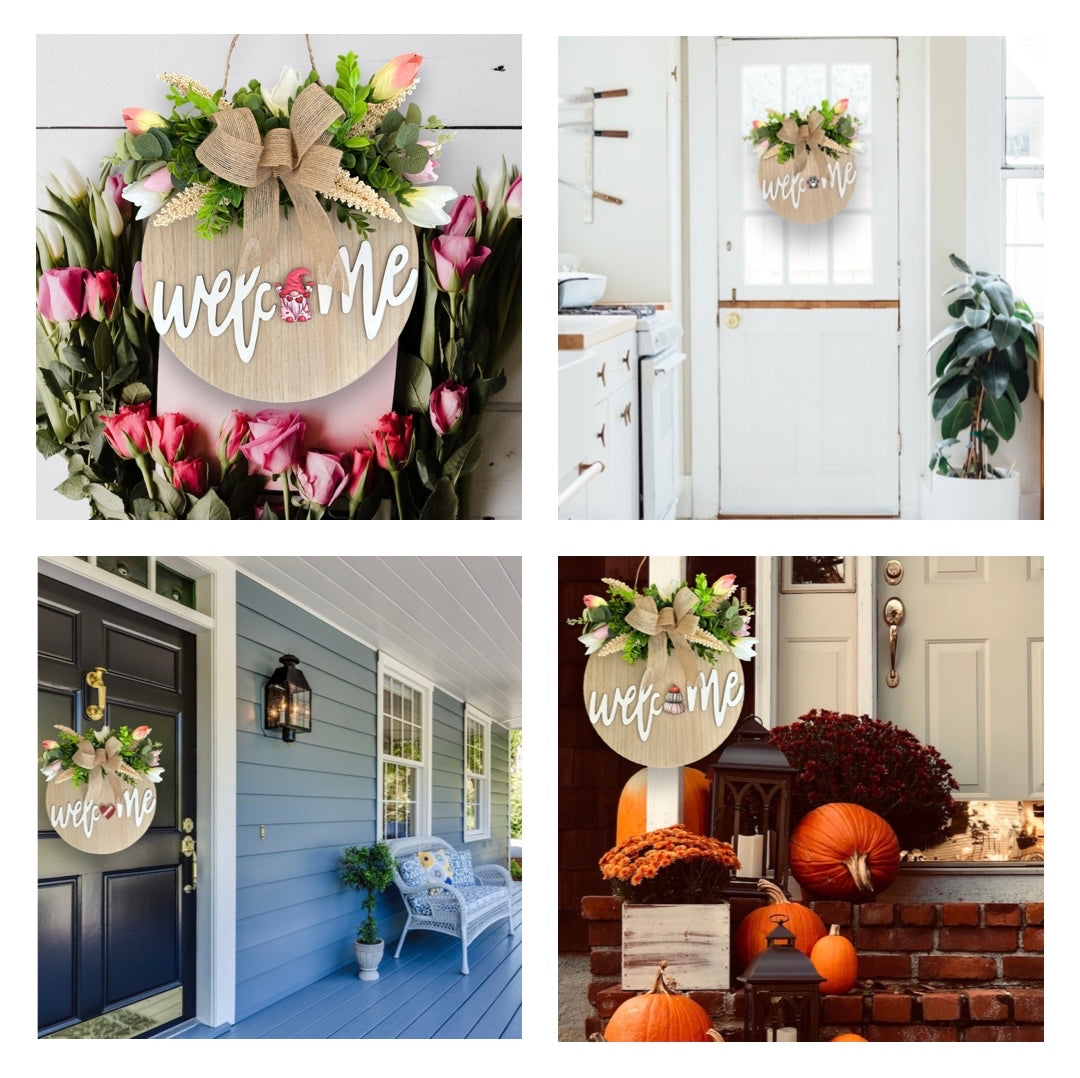 Lu home Interchangeable Welcome Sign with Attached Wreath & Ornaments