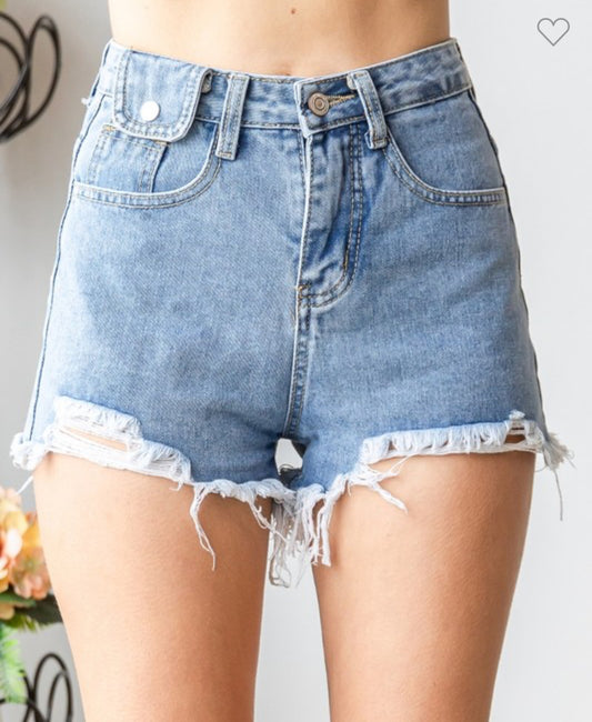 Flat Belt Loop Denim Distressed Hem Shorts