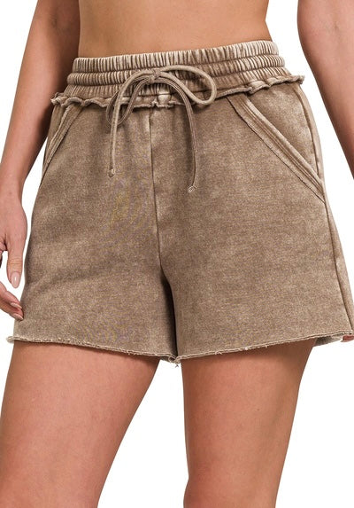 Acid Wash Drawstring Shorts With Pockets