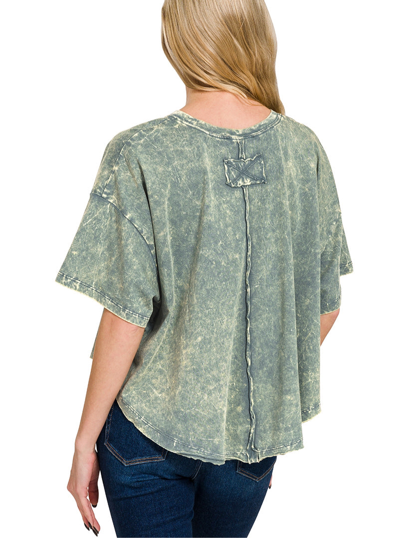 Crinkle Washed Cotton Round Neck Short Sleeve Top