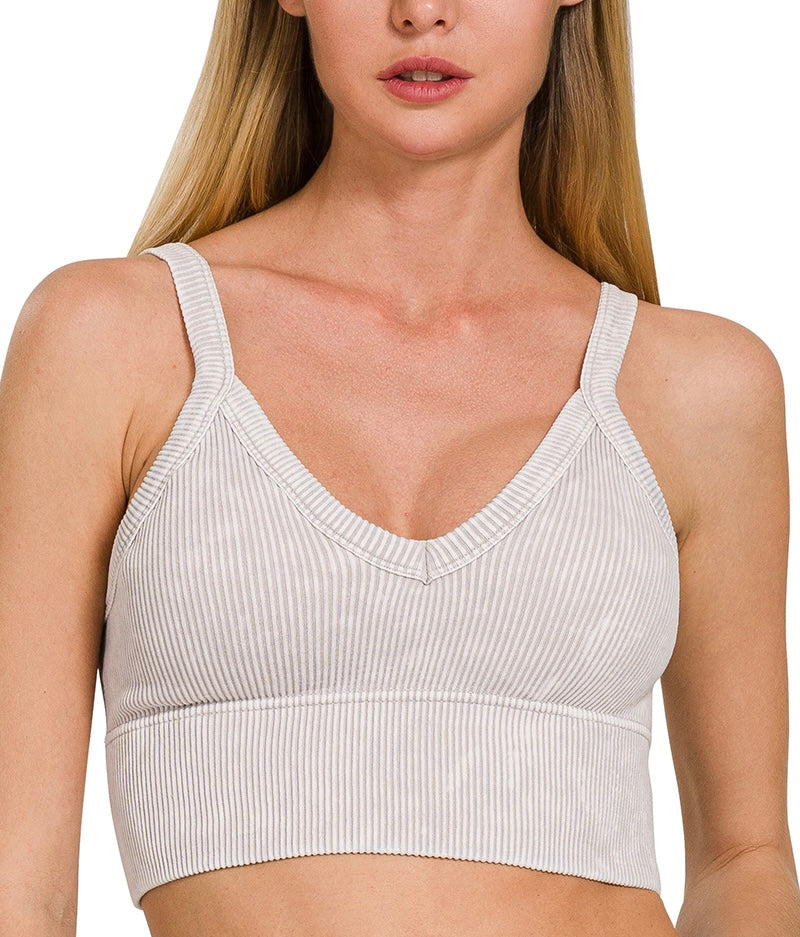 Stone Washed V-Neck Seamless Cropped Bra Top