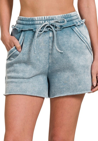 Acid Wash Drawstring Shorts With Pockets