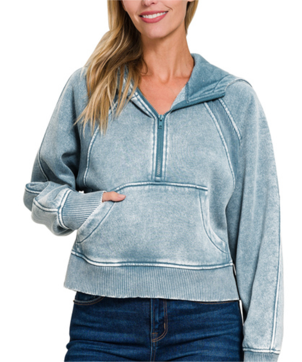 Acid Wash Fleece Half Zip Cropped Hoodie