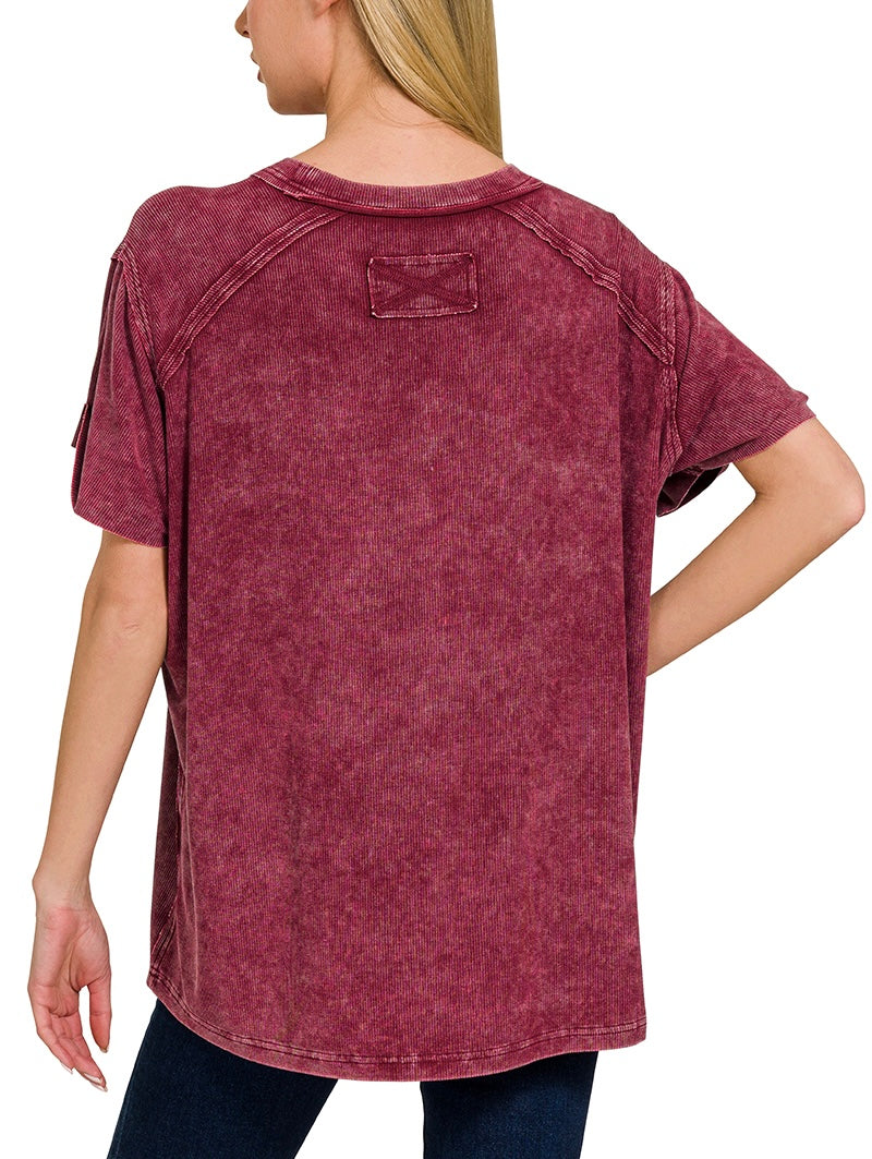 Washed Ribbed Short Sleeve Boat-Neck Top – Soft Stretch, Relaxed Fit, Everyday Essential