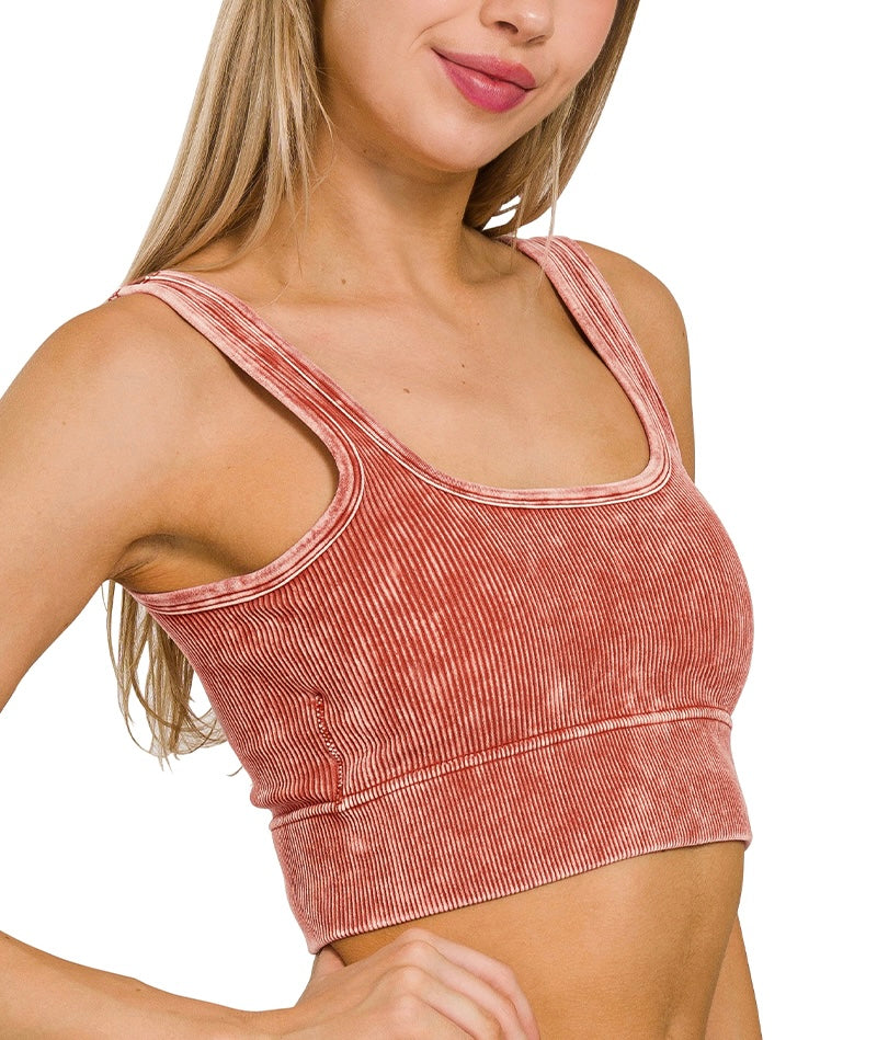 Square Neck Acid Washed Seamless
Rib Bralette w/ Removable Pads
