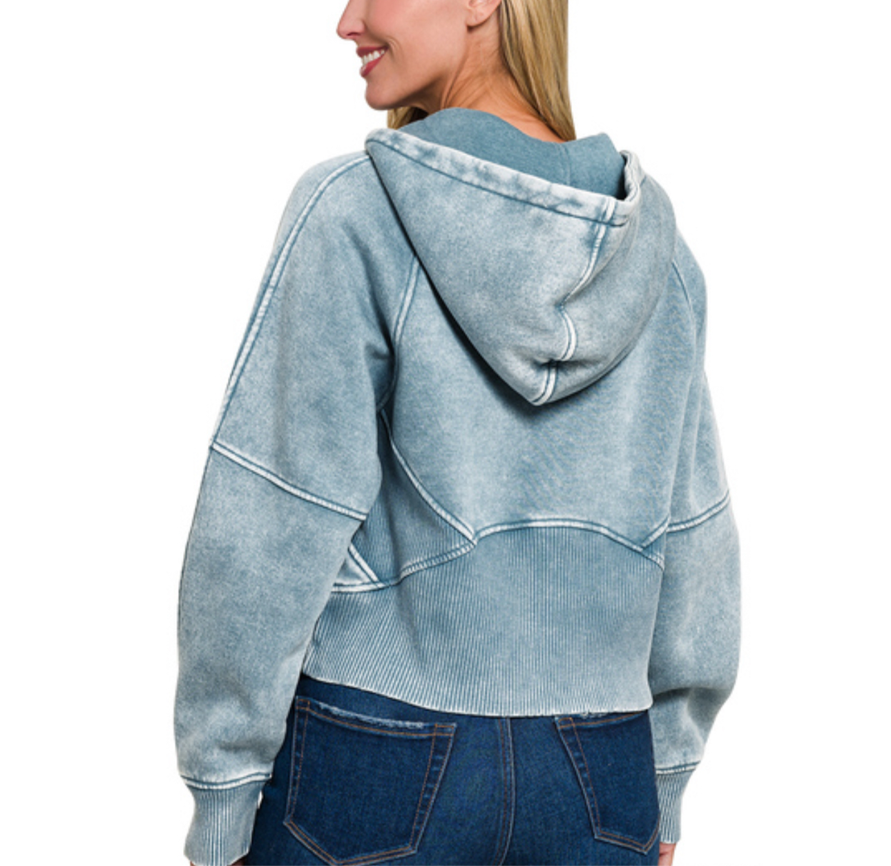 Acid Wash Fleece Half Zip Cropped Hoodie