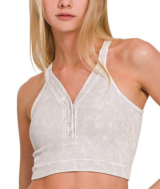 Acid Washed Ribbed Seamless Button V-Neck Tank Top & Keyhole Back