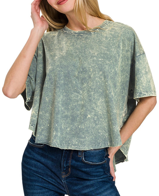 Crinkle Washed Cotton Round Neck Short Sleeve Top