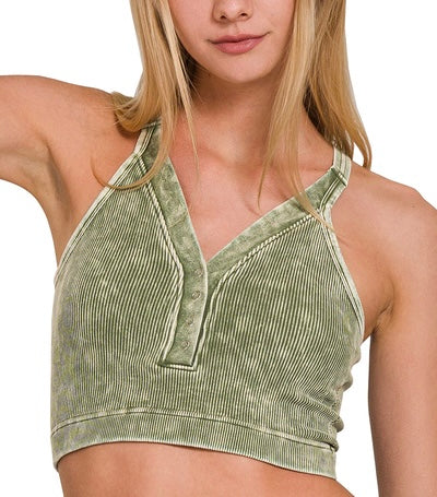 Acid Washed Ribbed Seamless Button V-Neck Tank Top & Keyhole Back