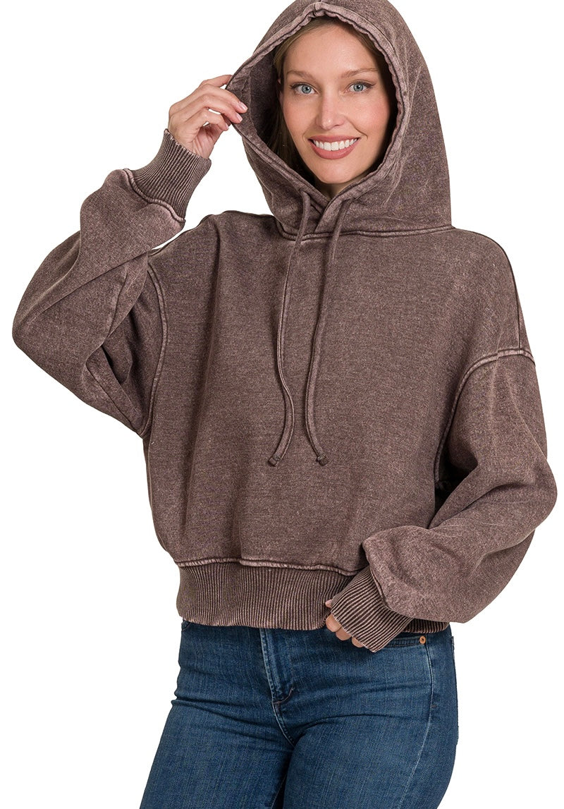 Acid Wash Fleece Cropped Hoodie