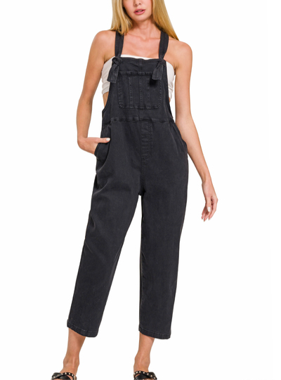 Washed Knot Strap Relaxed Fit Overalls