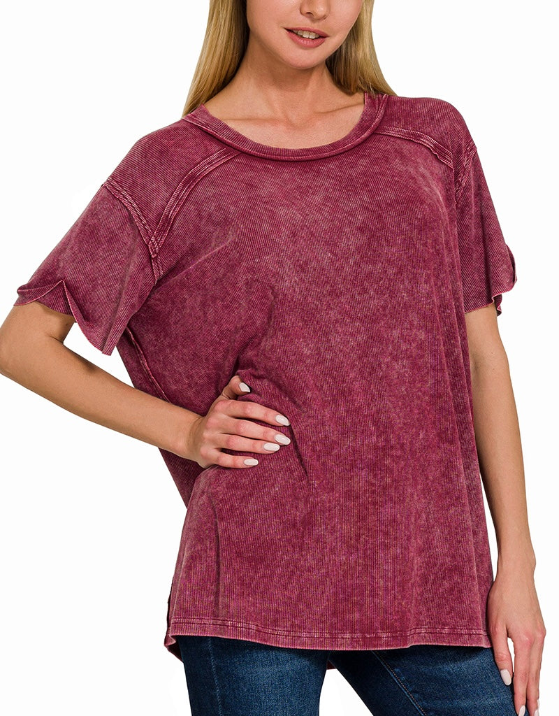 Washed Ribbed Short Sleeve Boat-Neck Top – Soft Stretch, Relaxed Fit, Everyday Essential
