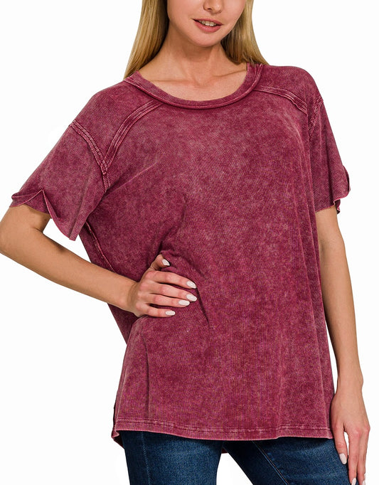Washed Ribbed Short Sleeve Boat-Neck Top – Soft Stretch, Relaxed Fit, Everyday Essential