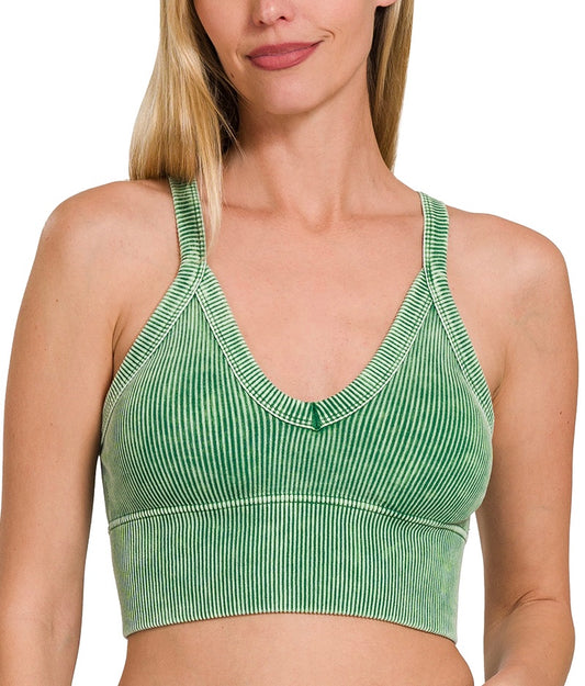 Stone Washed V-Neck Seamless Cropped Bra Top
