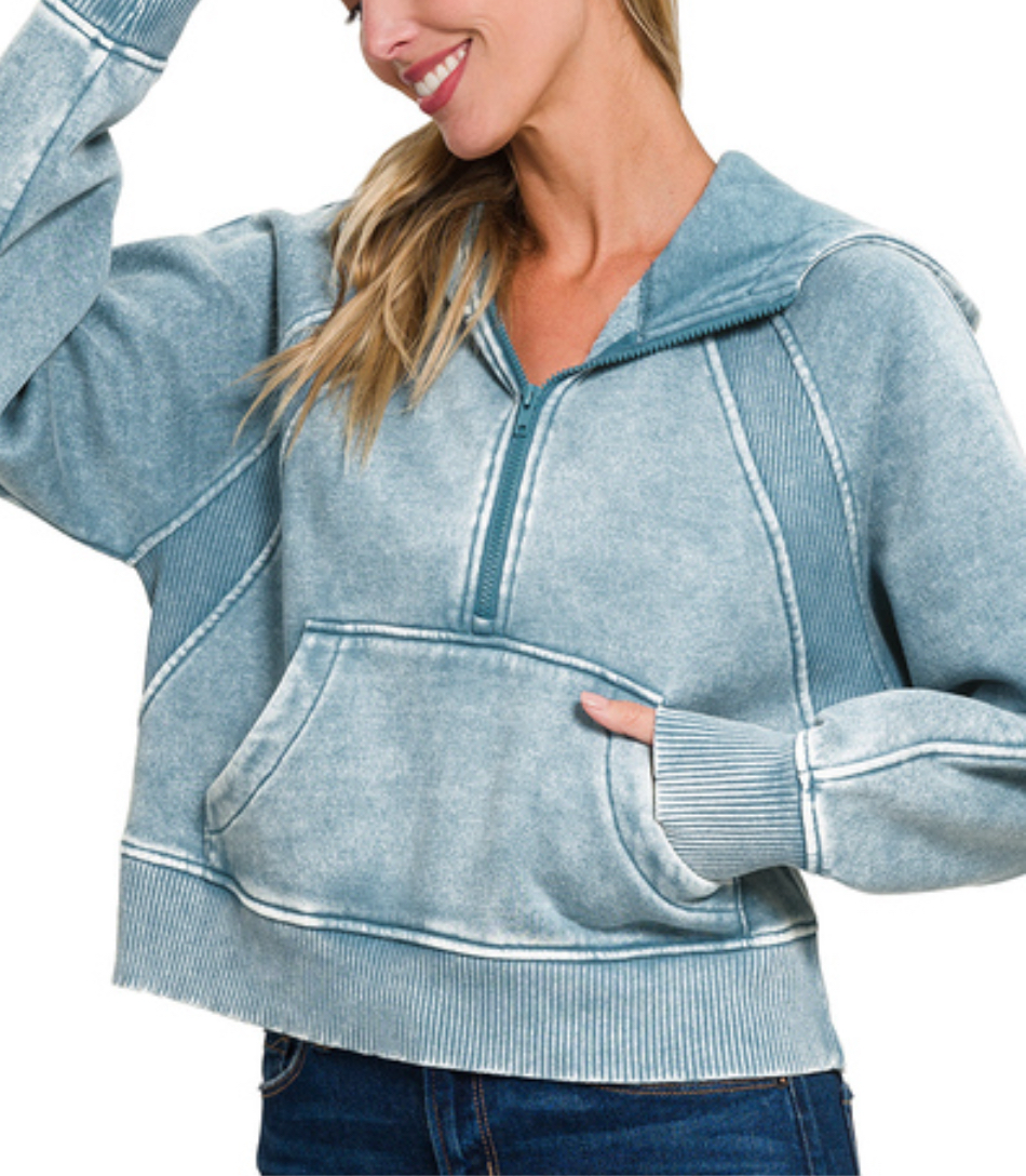 Acid Wash Fleece Half Zip Cropped Hoodie