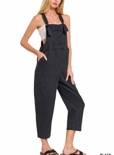 Washed Knot Strap Relaxed Fit Overalls