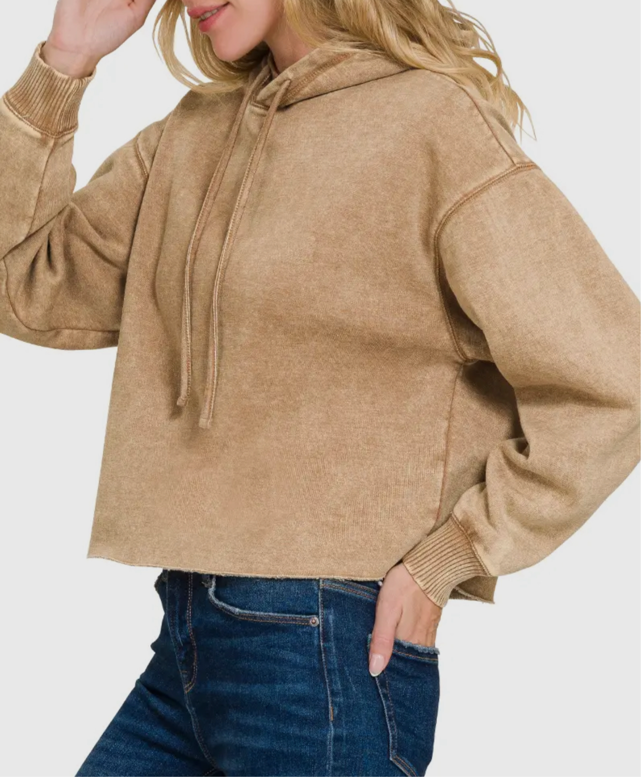 Acid Wash Fleece Cropped Cut-Off Hoodie