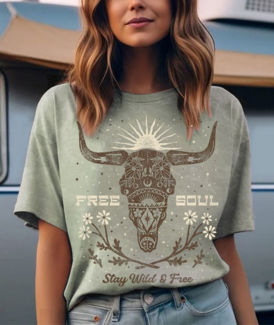 Free Soul Cow Skull Mineral Graphic T-Shirt
