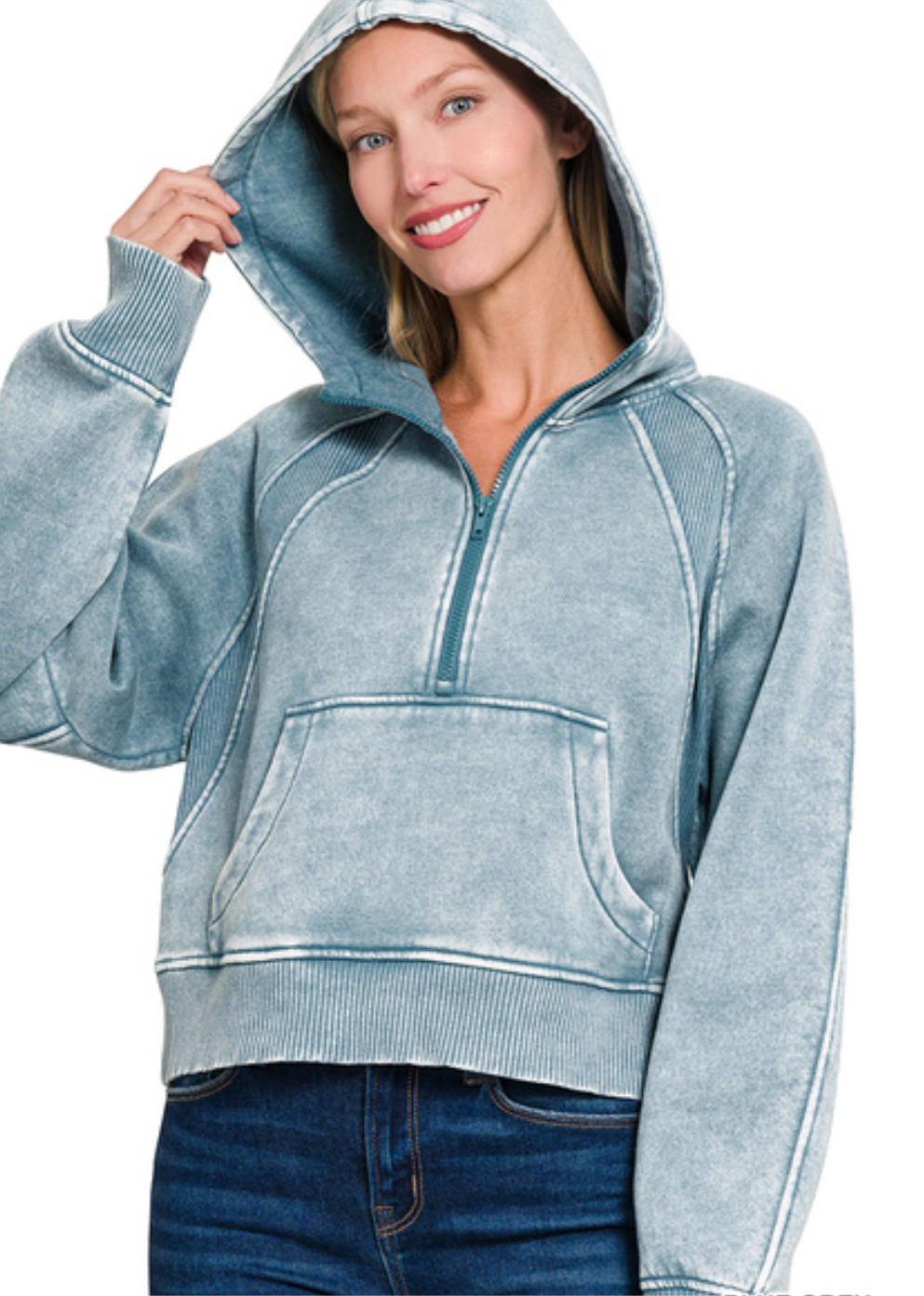 Acid Wash Fleece Half Zip Cropped Hoodie