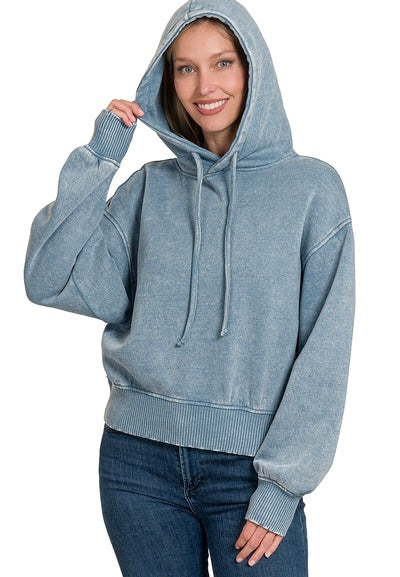 Acid Wash Fleece Cropped Hoodie