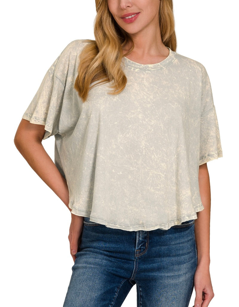 Crinkle Washed Cotton Round Neck Short Sleeve Top – Relaxed Fit, Vintage Soft Feel