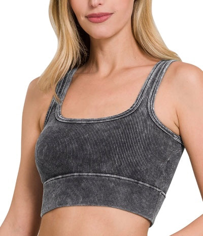 Square Neck Acid Washed Seamless
Rib Bralette w/ Removable Pads