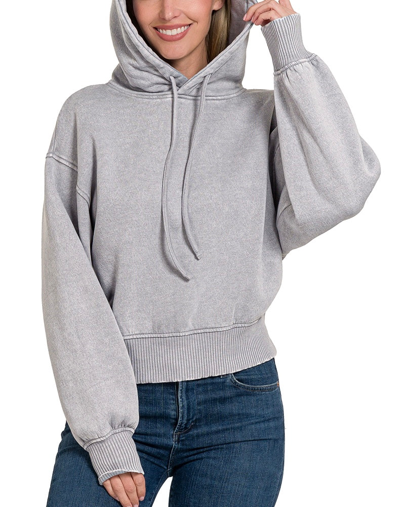Acid Wash Fleece Cropped Hoodie