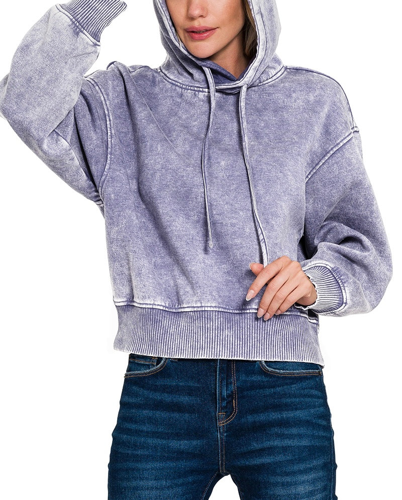 Acid Wash Fleece Cropped Hoodie