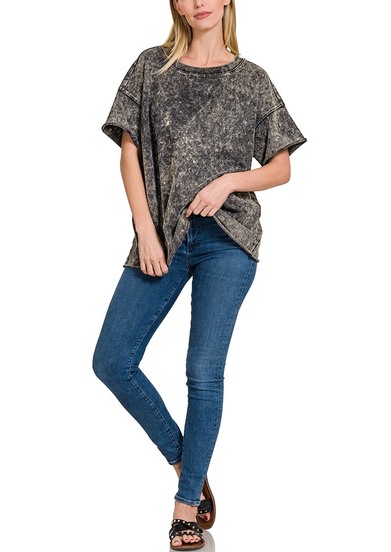Acid Washed Oversized French Terry Raw Edge Hem Top
