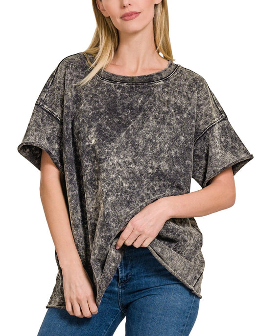 Acid Washed Oversized French Terry Raw Edge Hem Top