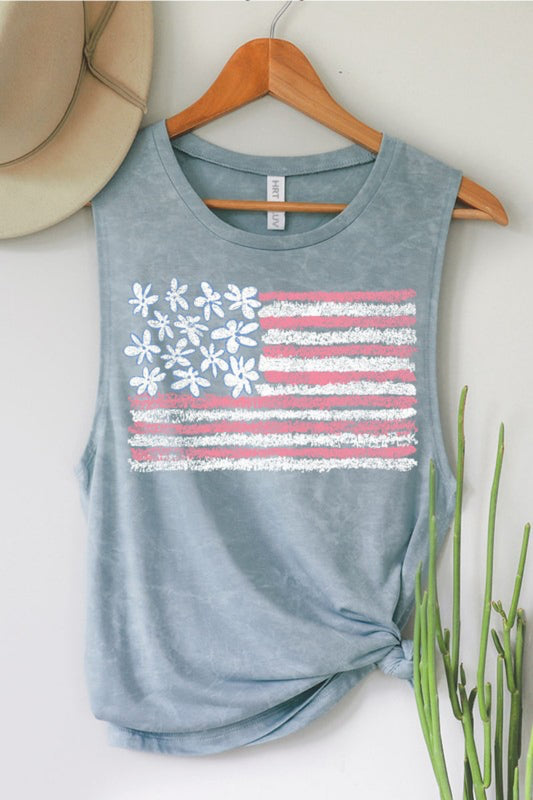 Floral American Flag Mineral Graphic Tank Top