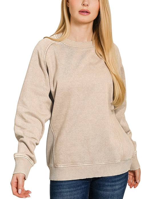 Acid Washed Fleece Sweatshirt with Side Rib Detail