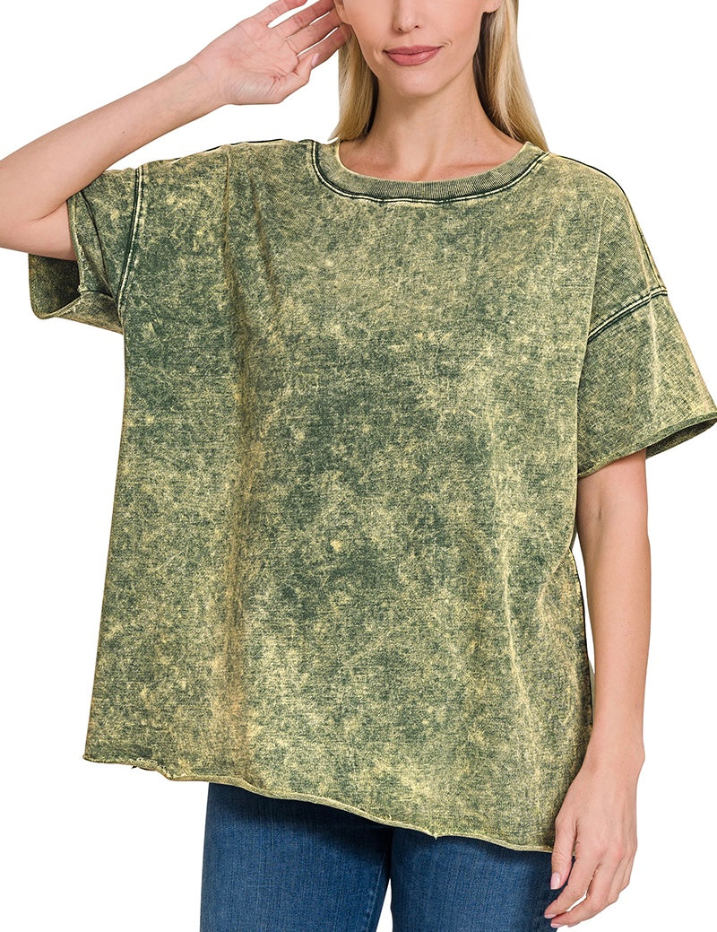 Acid Washed Oversized French Terry Raw Edge Hem Top