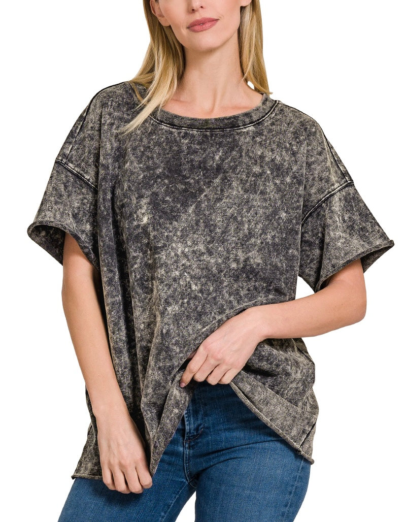 Acid Washed Oversized French Terry Raw Edge Hem Top