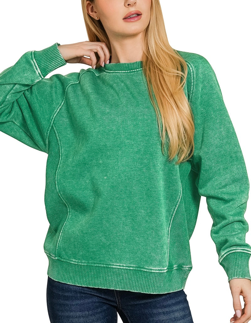 Acid Washed Fleece Sweatshirt with Side Rib Detail