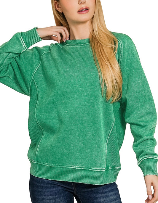 Acid Washed Fleece Sweatshirt with Side Rib Detail