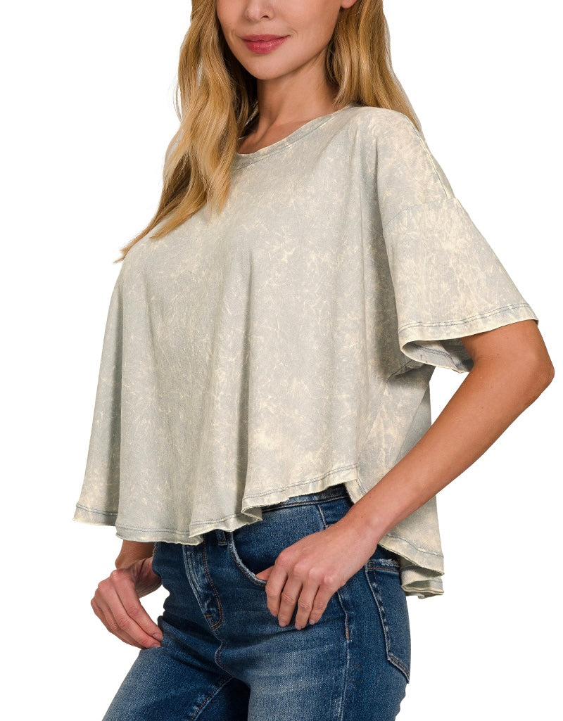 Crinkle Washed Cotton Round Neck Short Sleeve Top – Relaxed Fit, Vintage Soft Feel