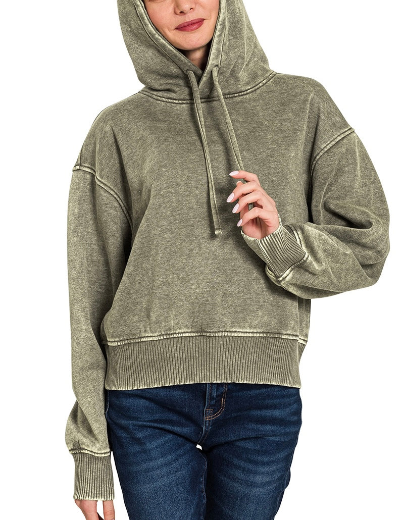 Acid Wash Fleece Cropped Hoodie