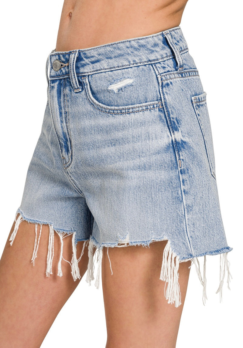 Distressed Hem Denim Shorts