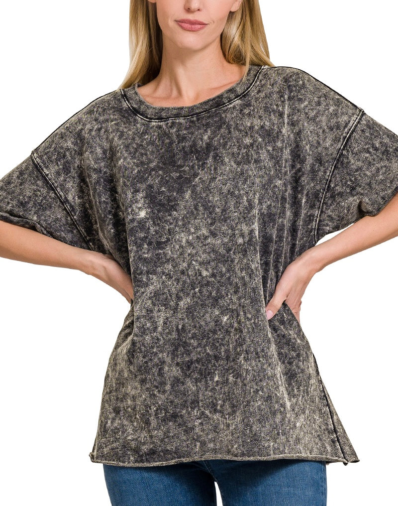 Acid Washed Oversized French Terry Raw Edge Hem Top