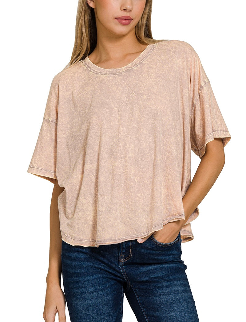 Crinkle Washed Cotton Round Neck Short Sleeve Top – Relaxed Fit, Vintage Soft Feel