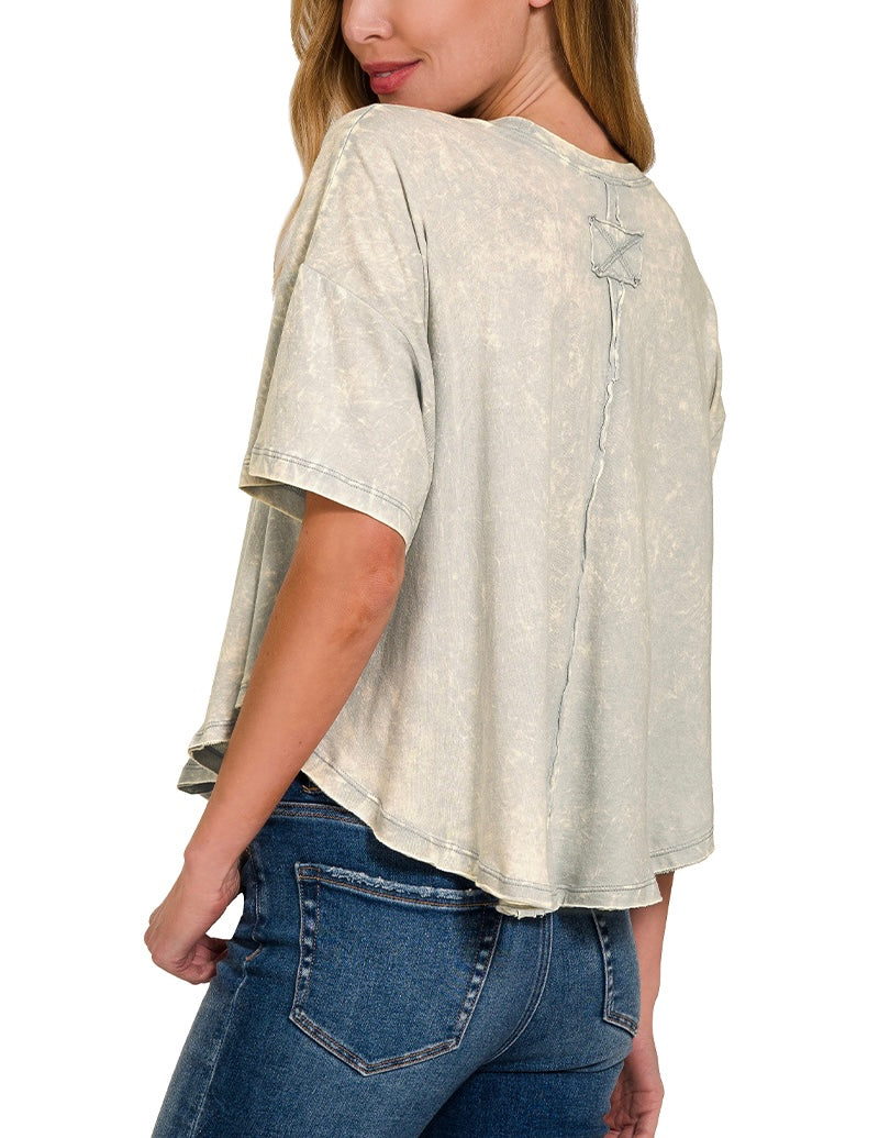 Crinkle Washed Cotton Round Neck Short Sleeve Top – Relaxed Fit, Vintage Soft Feel