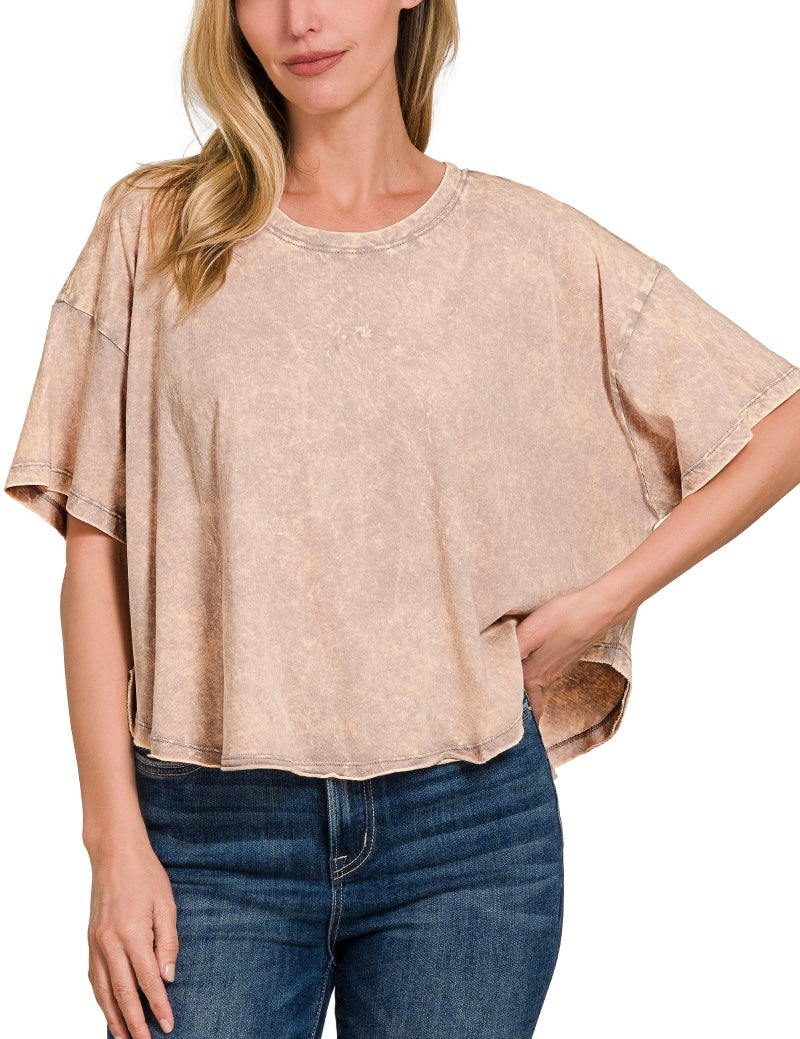 Crinkle Washed Cotton Round Neck Short Sleeve Top – Relaxed Fit, Vintage Soft Feel