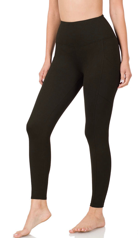 Brushed Microfiber Wide Waistband Full-Length Leggings with Pockets – Buttery Soft, High Stretch